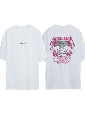 Urbvn Metallica Pink Tasarım Baskılı Beyaz Oversize T-Shirt