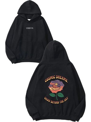 Urbvn Cosmic Dreams Tasarım Baskılı Oversize Siyah Kapüşonlu Sweatshirt