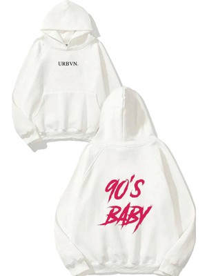 Urbvn 90S Baby Pink Tasarım Baskılı Oversize Beyaz Kapüşonlu Sweatshirt