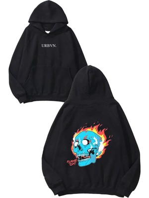 Urbvn Flame On Tasarım Baskılı Oversize Siyah Kapüşonlu Sweatshirt