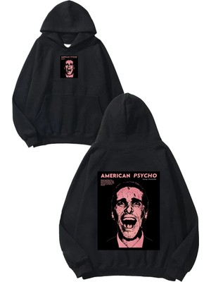 Urbvn Psycho Tasarım Baskılı Oversize Siyah Kapüşonlu Sweatshirt
