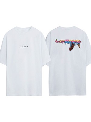Urbvn Ak 47 Sugar Tasarım Baskılı Beyaz Oversize T-Shirt