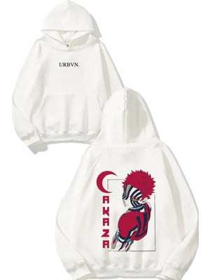 Urbvn Akaza Tasarım Baskılı Oversize Beyaz Kapüşonlu Sweatshirt