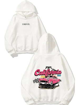 Urbvn Malibu Road Tasarım Baskılı Oversize Beyaz Kapüşonlu Sweatshirt