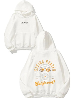 Urbvn California Heaven Tasarım Baskılı Oversize Beyaz Kapüşonlu Sweatshirt