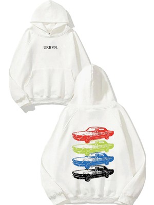 Urbvn Oldschool Car Tasarım Baskılı Oversize Beyaz Kapüşonlu Sweatshirt