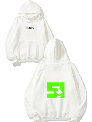 Urbvn 51 Tasarım Baskılı Oversize Beyaz Kapüşonlu Sweatshirt