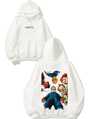 Urbvn Horror Group Tasarım Baskılı Oversize Beyaz Kapüşonlu Sweatshirt