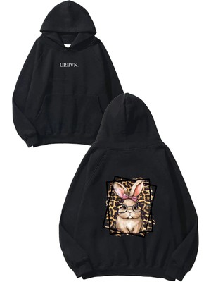 Urbvn Leopar Tavşan Tasarım Baskılı Oversize Siyah Kapüşonlu Sweatshirt