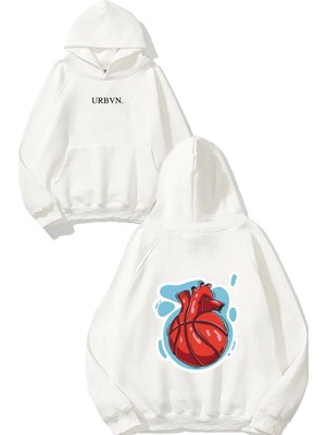 Urbvn Heart Ball Tasarım Baskılı Oversize Beyaz Kapüşonlu Sweatshirt