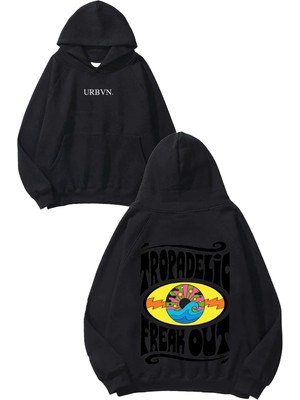 Urbvn Freak Out Tasarım Baskılı Oversize Siyah Kapüşonlu Sweatshirt