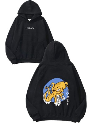 Urbvn Angry Octopus Tasarım Baskılı Oversize Siyah Kapüşonlu Sweatshirt