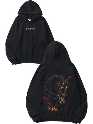 Urbvn At 1 Tasarım Baskılı Oversize Siyah Kapüşonlu Sweatshirt