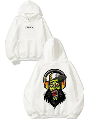 Urbvn Rapper Monster Tasarım Baskılı Oversize Beyaz Kapüşonlu Sweatshirt