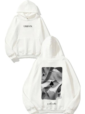 Urbvn Celeste Tasarım Baskılı Oversize Beyaz Kapüşonlu Sweatshirt