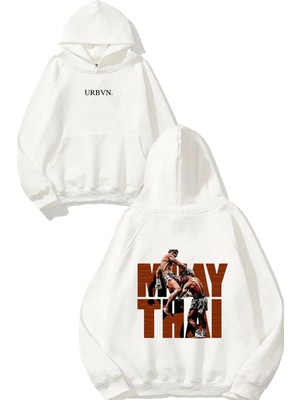 Urbvn Muay Thai Fight Tasarım Baskılı Oversize Beyaz Kapüşonlu Sweatshirt