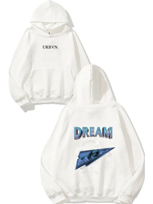Urbvn Dream Money Tasarım Baskılı Oversize Beyaz Kapüşonlu Sweatshirt