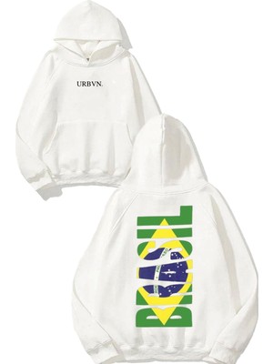 Urbvn Brasil Yazı Tasarım Baskılı Oversize Beyaz Kapüşonlu Sweatshirt