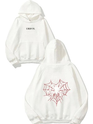 Urbvn Love Spider Tasarım Baskılı Oversize Beyaz Kapüşonlu Sweatshirt