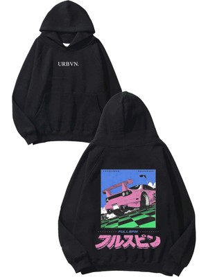 Urbvn Full Spin Tasarım Baskılı Oversize Siyah Kapüşonlu Sweatshirt