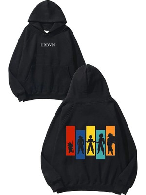 Urbvn Fighters Anime Tasarım Baskılı Oversize Siyah Kapüşonlu Sweatshirt