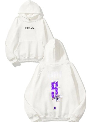 Urbvn Luffy Mor Tasarım Baskılı Oversize Beyaz Kapüşonlu Sweatshirt