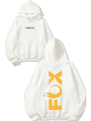 Urbvn Fox Yazı Tasarım Baskılı Oversize Beyaz Kapüşonlu Sweatshirt