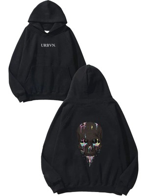 Urbvn Etnik Desen Kurukafa Tasarım Baskılı Oversize Siyah Kapüşonlu Sweatshirt