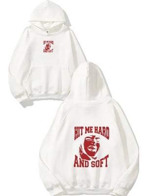 Urbvn Soft Tasarım Baskılı Oversize Beyaz Kapüşonlu Sweatshirt