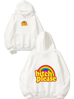 Urbvn B!tch Please Tasarım Baskılı Oversize Beyaz Kapüşonlu Sweatshirt