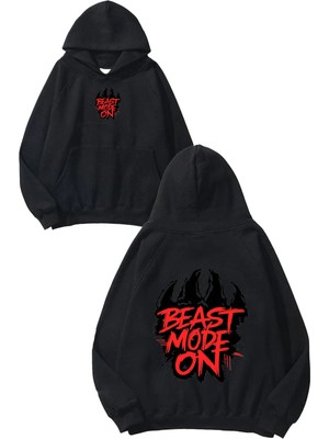 Urbvn Beast Mod On Tasarım Baskılı Oversize Siyah Kapüşonlu Sweatshirt