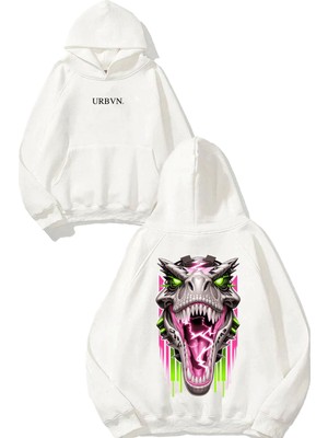 Urbvn Lightning Dinosour Tasarım Baskılı Oversize Beyaz Kapüşonlu Sweatshirt