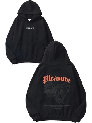 Urbvn Pleasure Tasarım Baskılı Oversize Siyah Kapüşonlu Sweatshirt