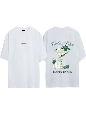 Urbvn Cocktail Club Tasarım Baskılı Beyaz Oversize T-Shirt