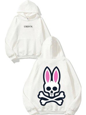 Urbvn Danger Rabbit Tasarım Baskılı Oversize Beyaz Kapüşonlu Sweatshirt