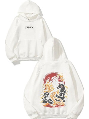 Urbvn Tiger Skull Tasarım Baskılı Oversize Beyaz Kapüşonlu Sweatshirt