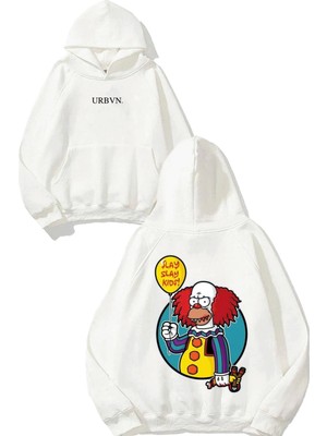 Urbvn Halloween Clown Tasarım Baskılı Oversize Beyaz Kapüşonlu Sweatshirt