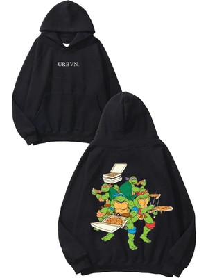 Urbvn Pizza Turtles Tasarım Baskılı Oversize Siyah Kapüşonlu Sweatshirt