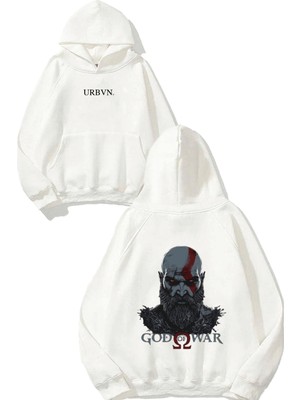 Urbvn God Of War Tasarım Baskılı Oversize Beyaz Kapüşonlu Sweatshirt