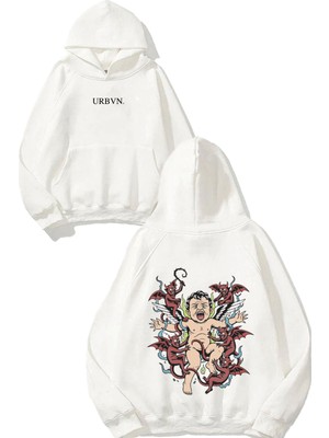 Urbvn Demon Angel Tasarım Baskılı Oversize Beyaz Kapüşonlu Sweatshirt