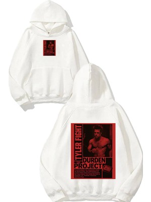 Urbvn Durden Tasarım Baskılı Oversize Beyaz Kapüşonlu Sweatshirt