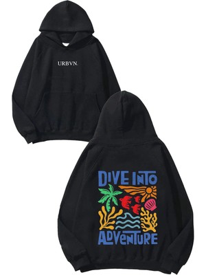 Urbvn Dive Into Tasarım Baskılı Oversize Siyah Kapüşonlu Sweatshirt