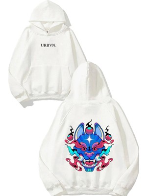 Urbvn Chinese Leo Tasarım Baskılı Oversize Beyaz Kapüşonlu Sweatshirt