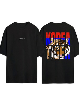Urbvn Korea Tiger Tasarım Baskılı Siyah Oversize T Shirt