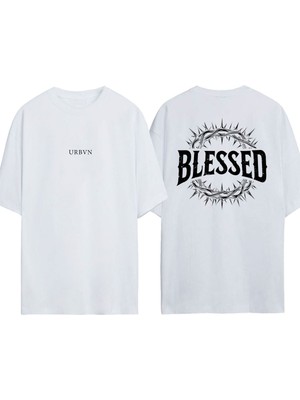 Urbvn Blessed Tasarım Baskılı Beyaz Oversize T-Shirt