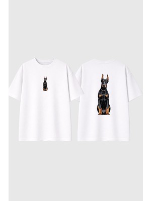 Urbvn Doberman 5 Tasarım Baskılı Beyaz Oversize T Shirt