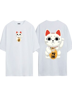 Urbvn Korean Cat 1 Tasarım Baskılı Beyaz Oversize T Shirt