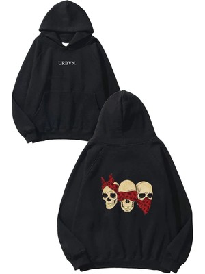 Urbvn Three Skull Tasarım Baskılı Oversize Siyah Kapüşonlu Sweatshirt
