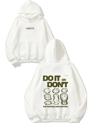 Urbvn Do It Dont Tasarım Baskılı Oversize Beyaz Kapüşonlu Sweatshirt