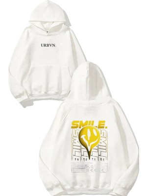 Urbvn Smile Yellow Tasarım Baskılı Oversize Beyaz Kapüşonlu Sweatshirt